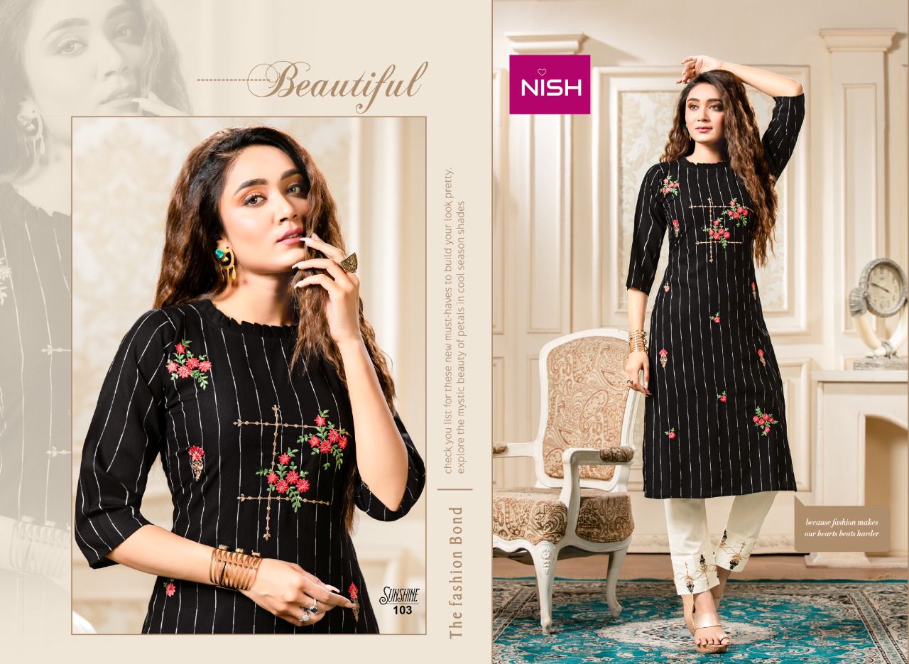 Nish Sunshine Latest Fancy Ethnic Wear Rayon Kurti With Bottom Collection